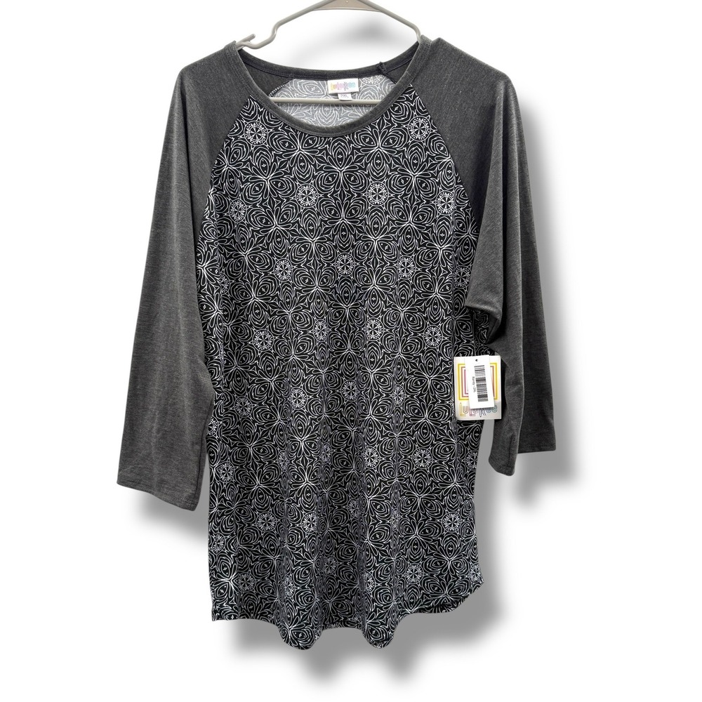 LuLaRoe Randy Raglan Tee Womens 2XL Gray Black White Geometric Mandala NWT